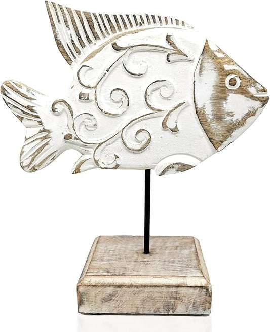 Beau Butter Fish Statue on Base Stand | Handmade Wooden Fish Sculpture for Nautical Beach House Rustic Centerpiece Table Decor for Office, Living Room