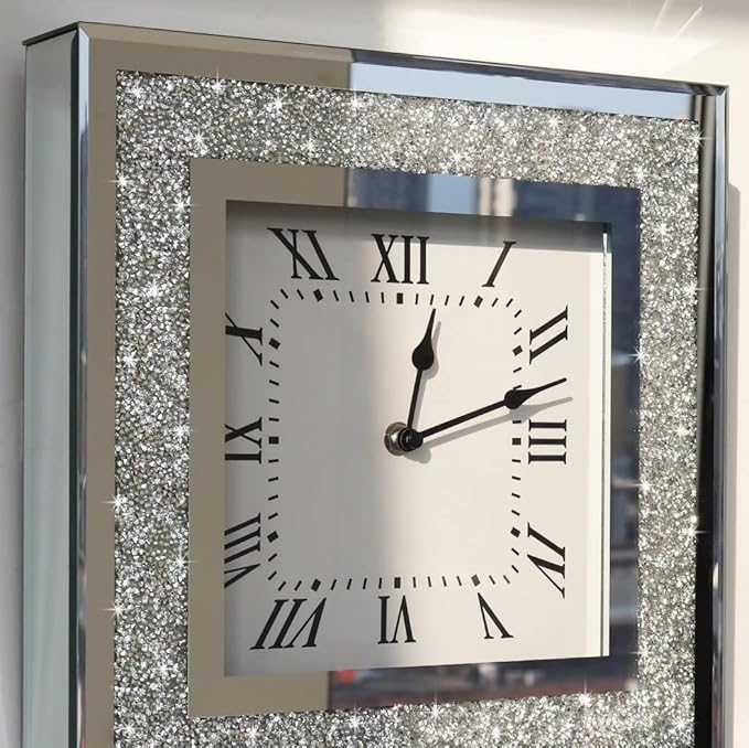 DMDFIRST Crystal Crush Diamond Mirrored Square Wall Clock with Sparkle Twinkle Bling Decor for Decoration, 16x16 inch Decorative Silver Mirror Quartz Home Decor. AA Battery not Included