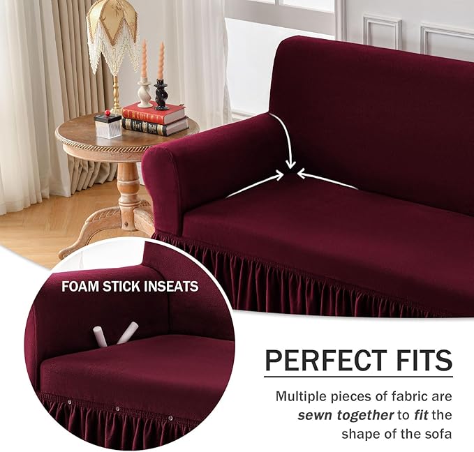 NICEEC Armchair Cover Thick Plush 1-Piece Warm Wine Red Armchair Slipcover Stretch Fluffy Couch Covers for Living Room Easy Fit Washable Soft Furniture Sofa Protector with Skirt