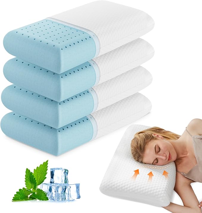 DUMOS Memory Foam Pillows for Sleeping 4 Pack, Bed Pillows for Adults with Washable Cover and Breathable Mesh, Gel Cooling Pillow for Back and Side Sleeper Support, White