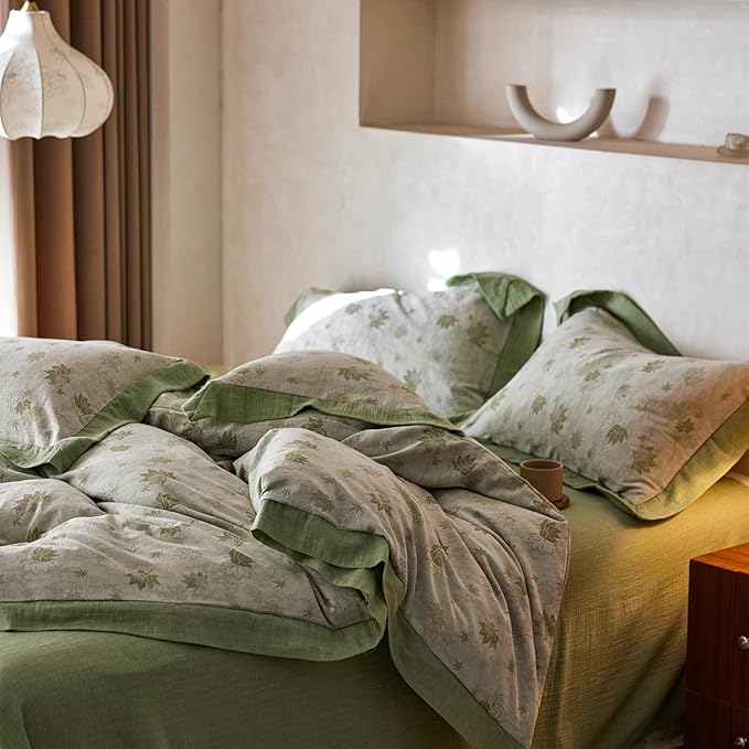mixinni Yarn-Dyed Jacquard Duvet Cover Queen, Green Botanical Leaf Print 3-Piece Bedding Set with Wide Edge Piping, Soft Breathable Double Layer Gauze for All Seasons (1 Duvet Cover + 2 Pillowcases)