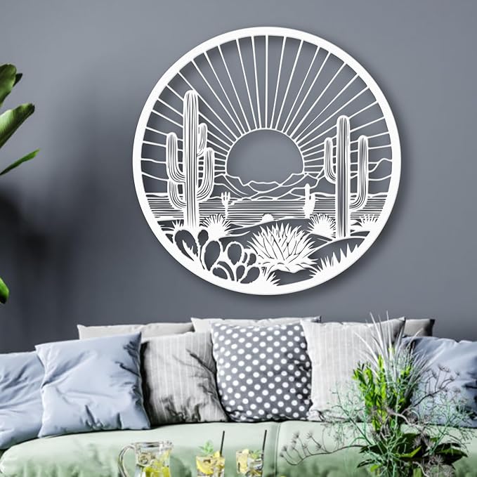 Desert Cactus Metal Wall Art, Round Desert Wall Decor with Cactus and Sunset Design, Metal Wall Art for Living Room Bedroom Entryway, Western Outdoor Cactus Decor (White, 19" x 19" / 47 x 47 cm)