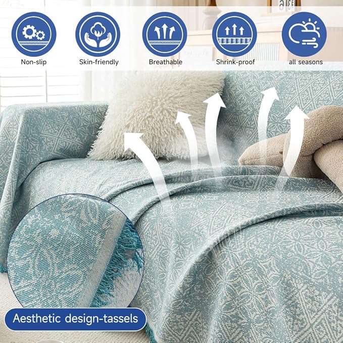 ROOMLIFE Blue Couch Cover Boho Sofa Covers for 3 Cushion Couch Washable, Furniture Protector Sofa Couch Cover for Dogs, Soft Breathable Sofa Slipcover, Couch Throw Blankets with Tassels 71''X150''
