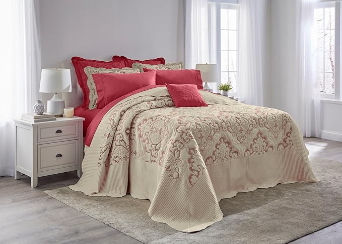 BrylaneHome Bedding Lightweight All Season Modern Amelia Quilted Damask Oversized Ultra Soft Bedspread - Twin, Ivory Berry