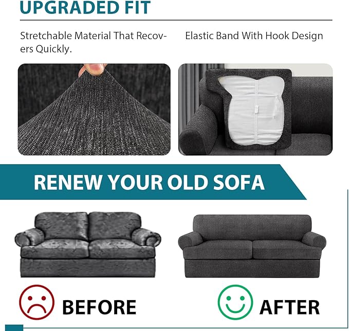 3 Piece T Cushion Sofa Slipcovers Stretch Couch Cover Furniture Covers with 2 Individual T Cushion Covers, Machine Washable for Living Room (Dark Gray, 2 Cushions)