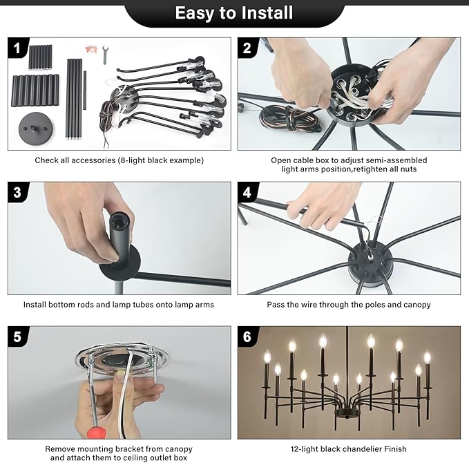 Black Farmhouse Chandeliers, 12 Light Modern Chandelier Light Fixture, Dining Room Chandelier Lighting for Living Room Staircase Bedroom Foyer Kitchen Entryway
