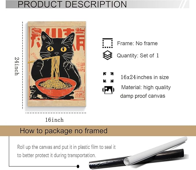 Eeuqiauot Japanese Cat Canvas Wall Art Cat Eating Ramen Poster Ramen Noodles Wall Art Vintage Black Cat Painting Cute Kittey Pictures Japanese Black Cat Prints for Kitchen Decor 16x24inch Unframed