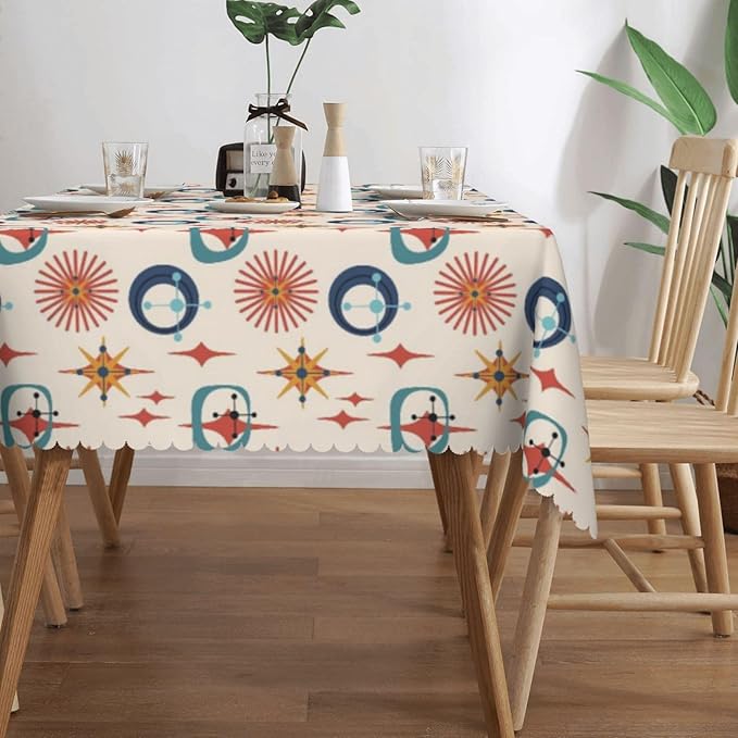 Mid Century Modern Table Cloth for Dining Tables,Reusable Retro Abstract Style Colorful Atomic Star Tablecloths Decor Boho Rectangle Table Cover for Kitchen,Party,Holiday,54x72Inch