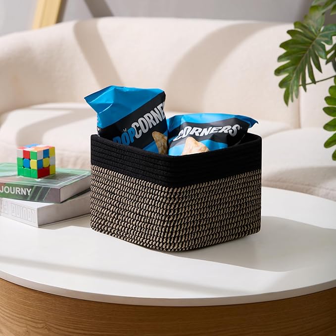 Small Organizing Baskets for Cubes Shelf, 9.7x9.7x7.1 Inch Rope Woven Storage Bins for Nursery Shelves Storage, Cute Toy Basket, Square 3 Packs Black Brown