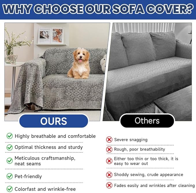 ROOMLIFE Couch Cover Black Boho Sofa Covers for 3 Cushion Couch Washable, Furniture Protector Sofa Couch Cover for Dogs, Soft Breathable Sofa Slipcover, Couch Throw Blankets with Tassels 71''X134''