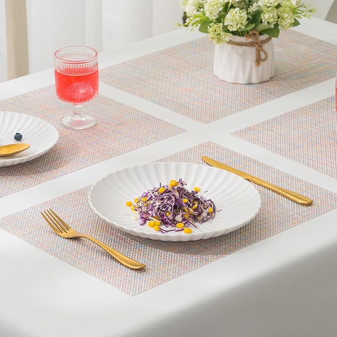 BACKTOEDEN Placemats Set of 8 Heat Resistant Washable Wipeable Placemat Woven Non-Slip Foldable Vinyl/Plastic Place Mats Indoor/Outdoor Mat Kitchen Dining Table Pad, Bright Silk Colorful