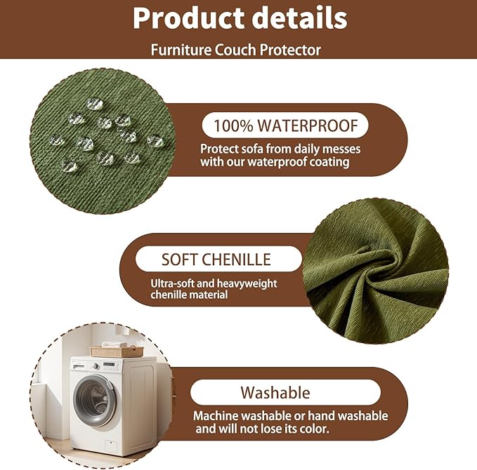 100% Waterproof Couch Cover Sofa Covers for 3-4 Cushion Couch Sectional Couch Washable Sofa SlipCover for Dog Pet-Friendly Furniture Protector for Living Room with Tassel(91" x 150", Green)