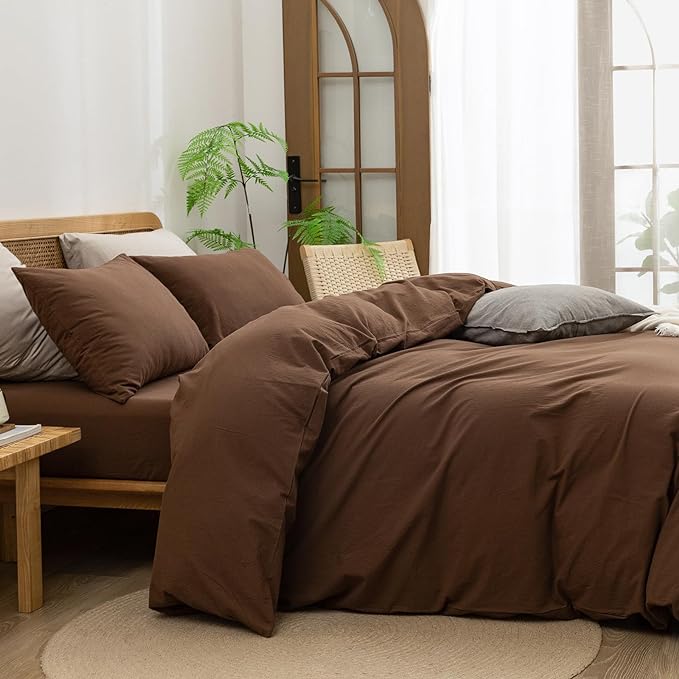 BESTOUCH Duvet Cover Set 100% Washed Cotton Linen Feel Super Soft Comfortable Chic Lightweight 3 PCs Home Bedding Set Solid Cocoa Brown Super Queen