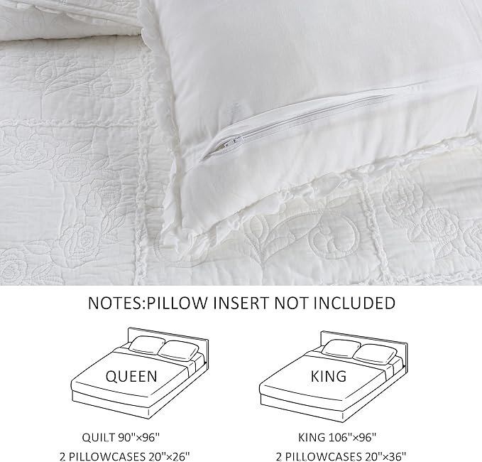 DURLENGEN White Rose Patchwork 100% Cotton Queen Quilt 3Pcs,White Patchwork with Rose Pattern,Luxury Lightweight Cotton Coverlet Sets for All Season(Queen 90x96,White Rose Patchwork)