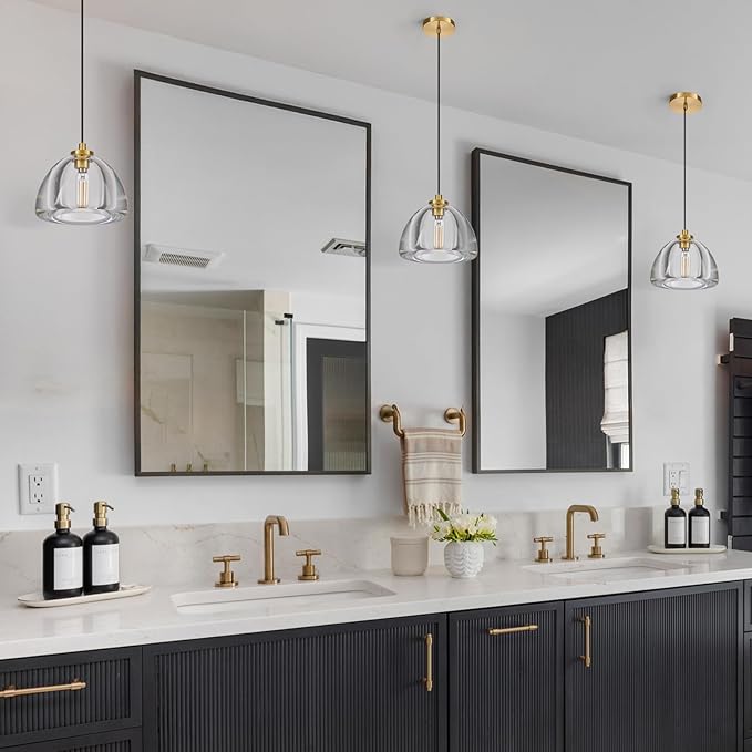 Crystal Pendant Light Kitchen Island: 7" Vintage Brass Hanging Lights Above Dining Table - Modern K9 Crystals Lighting Over Kitchen Sink - Luxury Gold Hemispher Pendants Light Fixtures Bulbs Included