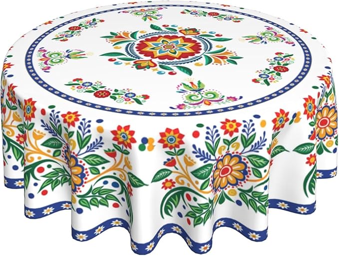 Mexican Round Tablecloth, Traditional Floral Bird Dia De Los Muertos Azulejo Mosaic Mexico Water Resisitant Table Cover for Dining Kitchen Living Room Home Party Holiday Decor 36 inch Round