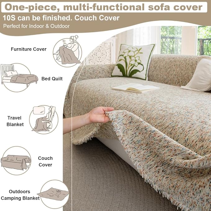 ROOMLIFE Boho Beige Couch Cover for Dogs, Washable Non Slip Furniture Protector Couch Sofa Covers for 3 Cushion Couch, Soft Chenille Couch Cover Throw Blanket with Tassels 71''X118''