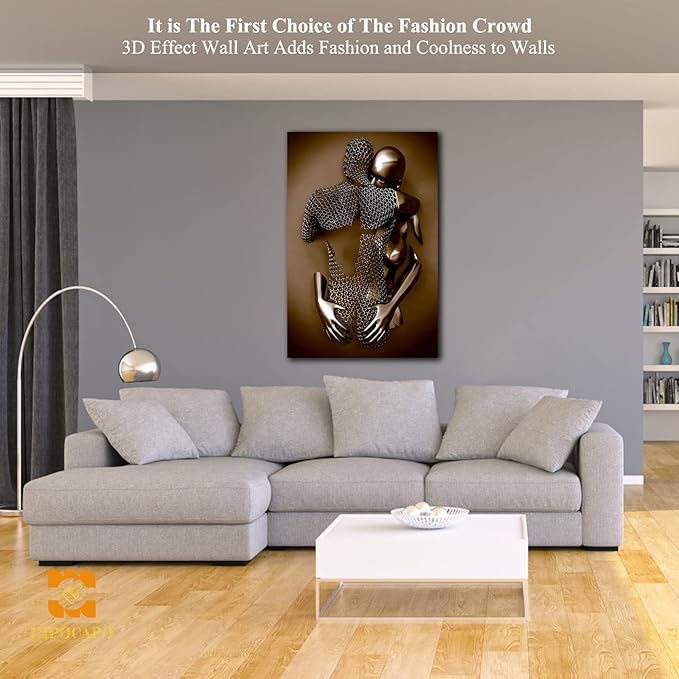3D Metal Effect Wall Art - 3D Metal Art Wall, Modern Abstract Hug Lovers Painting Picture Poster Prints for Bathroom, Romantic Couple Living Room Canvas Wall Art Framed 24”x36”x1Pcs
