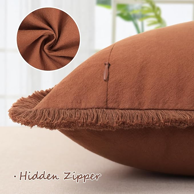 ZWJD Pillow Covers 18x18 Set of 2 Rust Throw Pillow Covers with Fringe Chic Cotton Decorative Pillows Square Cushion Covers for Sofa Couch Bed Living Room Farmhouse Boho Decor