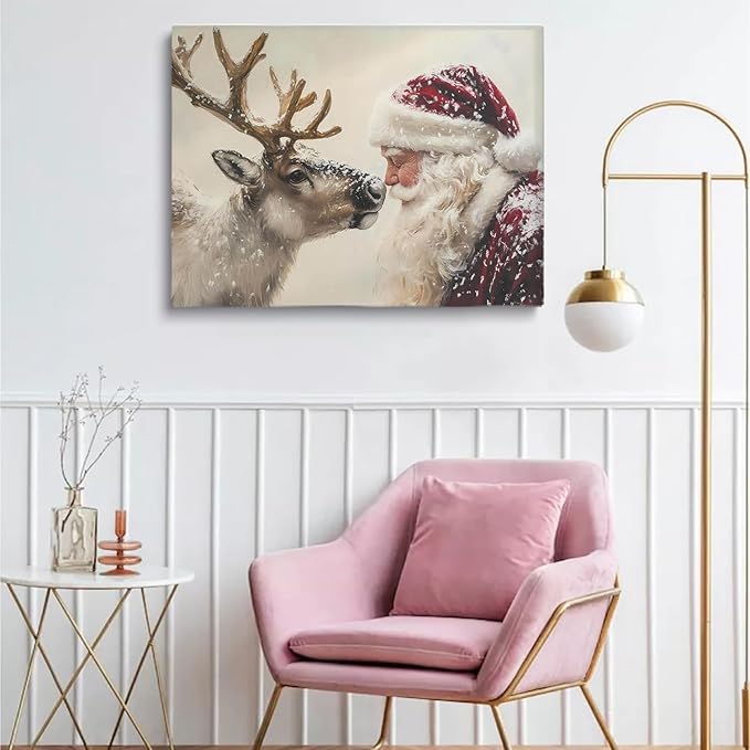 Vintage Santa and Reindeer Portrait Wall Art Print,Rustic Christmas Holiday Decor,Vintage Santa Claus Painting,Festive Winter Wall Print