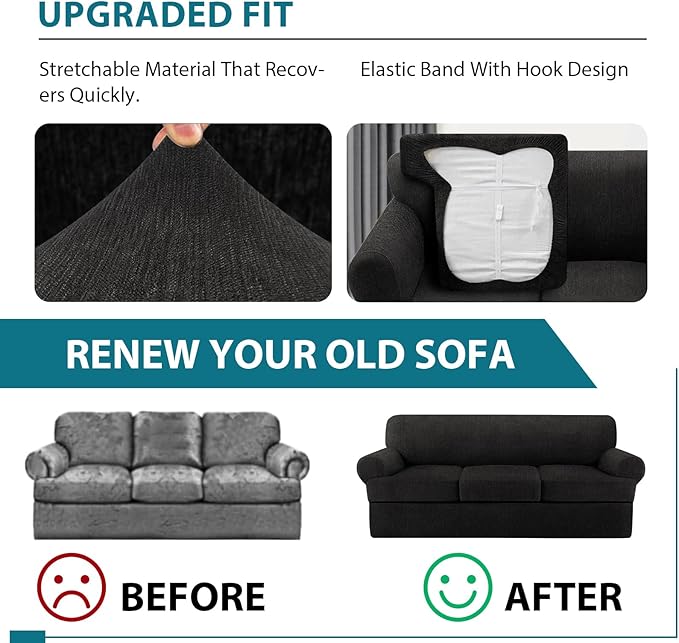 T Cushion Sofa Slipcover 4 Pieces Sofa Covers for T Cushion Couch Soft Sofa Slip Covers Furniture Protector with 3 Individual T Shape Seat Covers (Black, 3 Cushions)