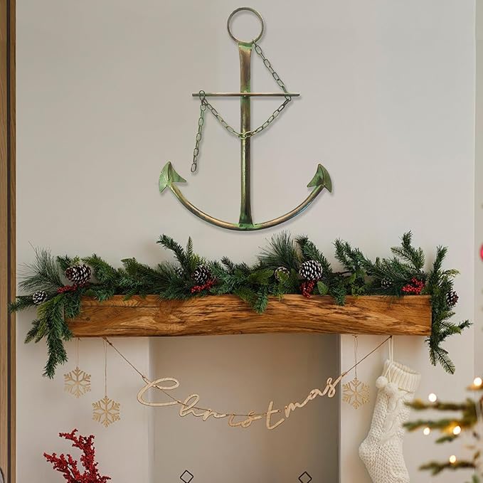 Nautical Anchor Wall Art, Metal Anchor With Chain for Bedroom, Living Room, Dorm, Home - 13" Green