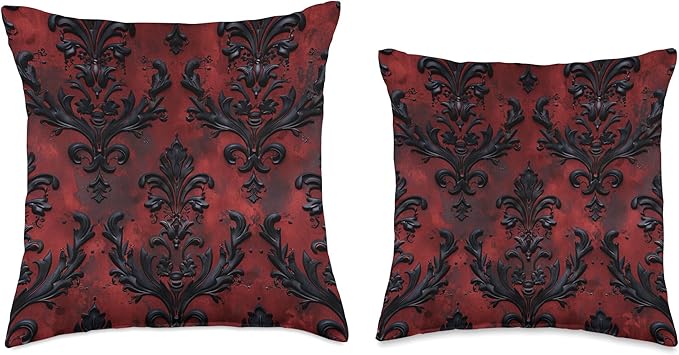 Damask Elegant Mansion Victorian Gothic Dark Red Haunted Throw Pillow