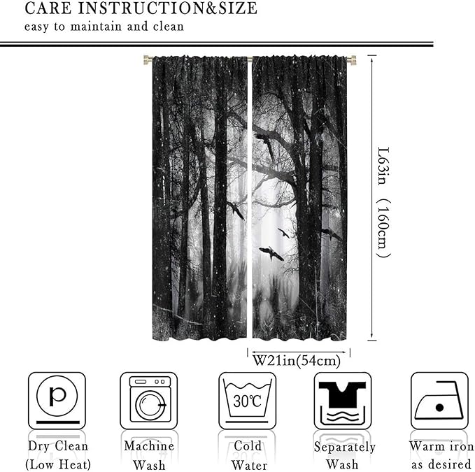 Gothic Forest Blackout Curtains, Foggy Forest Dead Trees Crow Halloween Style Black White Scary Print Window Treatments, for Bedroom Living Room 21(W)*63(L) 2 Panels