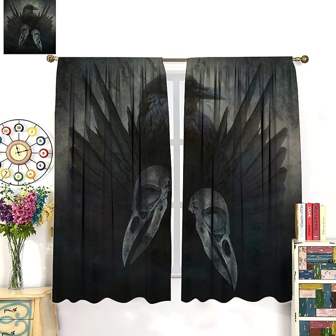 Gothic Blackout Window Curtains, Halloween Black Raven Crow Black Dark Wings Rod Pocket Window Treatments Drapes, for Living Room Bedroom 31.5(W)*72(L) 2 Panels