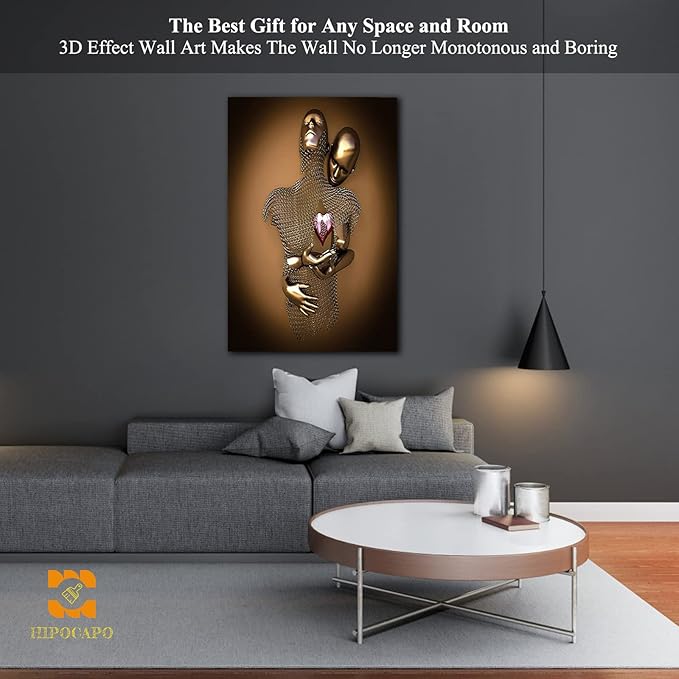 HIPOCAPO 3D Metal Effect Wall Art - Love Heart Canvas Art, Gold Decor for Living Room, Framed Romantic Couple Room 24”x36”x1Pcs 3d Art-22