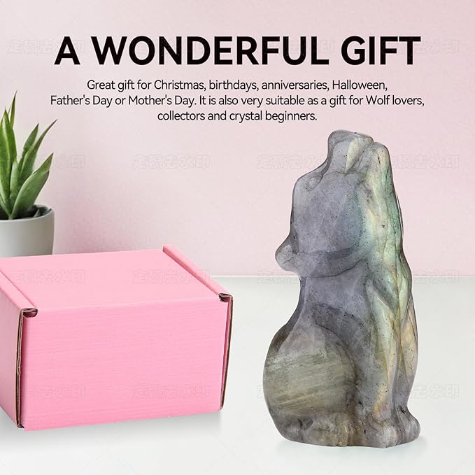 Labradorite Howling Wolf Crystal Figurines, 2.2 Inch Wolf Totem Spirit Animal Statue Decor for Home Office Desk Altar, Hand Carved Natural Healing Crystal Sculpture Gifts for Women Men