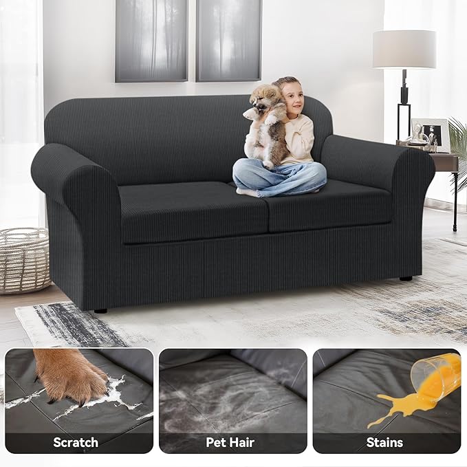 100% Waterproof Couch Cover 3-Piece Set Striped Sofa Slipcovers for 2 Cushion Couch Sofa Covers with TPU Leakproof Bottom Stretch Couch Protector Pet Proof - Sofa(2-Cushion), Dark Gray