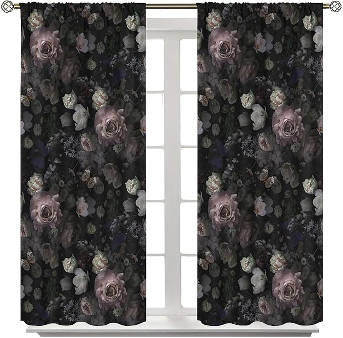 Gothic Floral Blackout Window Curtains, Retro Black Flower Rustic Watercolor Vintage Plant Boho Halloween Window Drapes, for Home Bedroom Living Room 21(W)*45(L) 2 Panels