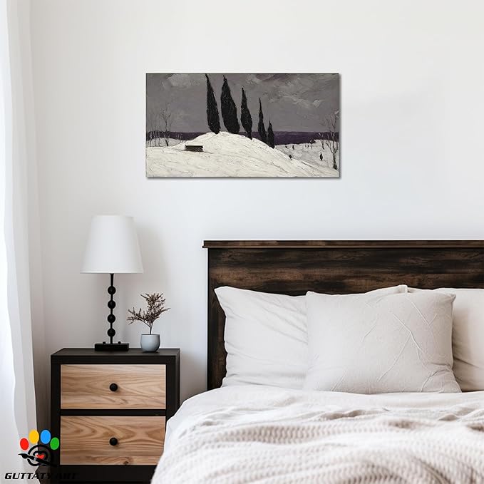 GUTTATY Christmas Winter Scene Canvas Wall Art, Snowy Landscape Canvas Pictures, Moody Cypress Trees Wall Paintings, Subtle Gray Poster Prints for Living Room Decor, Home Office Artwork, 40x20 Inch