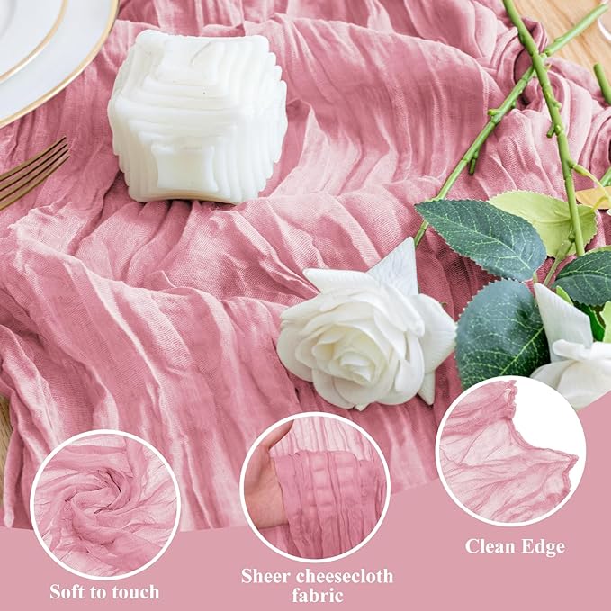 Wokceer Cheesecloth Table Runner Pink 10FT Boho Gauze Cheese Cloth Table Runner for Party Long Rustic Sheer Table Runners for Baby Bridal Shower Wedding Easter Table Decor