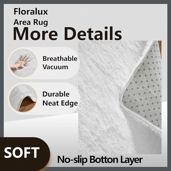Floralux Bedroom Rug 8x10, Large White Shag Rugs, Soft Fluffy Shag Area Rug for Living Room, Plush Modern Floor Carpet for Boys Girls Room, Dorm Home Decor Aesthetic