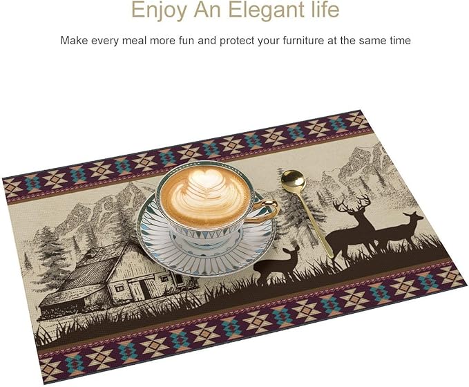 Rustic Animal Placemat Set of 6, 12x18 Inch Vintage Bear Deer Wild Animal Aztec Forest Pine Tree Cabin Country Lodge Coffee Table Mats for Outdoor Kitchen Dining Table Decoration