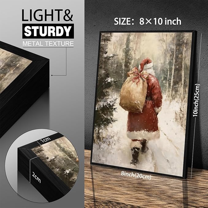 Santa Claus in Winter Forest Poster Vintage Christmas Holiday Canvas Wall Art 08x10 inch Black Framed Cozy Nature Christmas Tree Oil Painting Prints for Cottagecore Bedroom Wall Decor