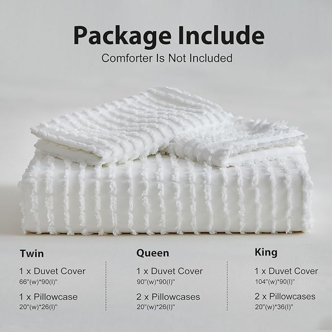 WARMDERN Boho Duvet Cover Set Queen Size,White Striped Duvet Cover Microfiber Bedding Set,3PCS Ultra Soft Breathable Lightweight Tuft Texture Pattern Duvet Covers with Zipper Closure(White,Queen)