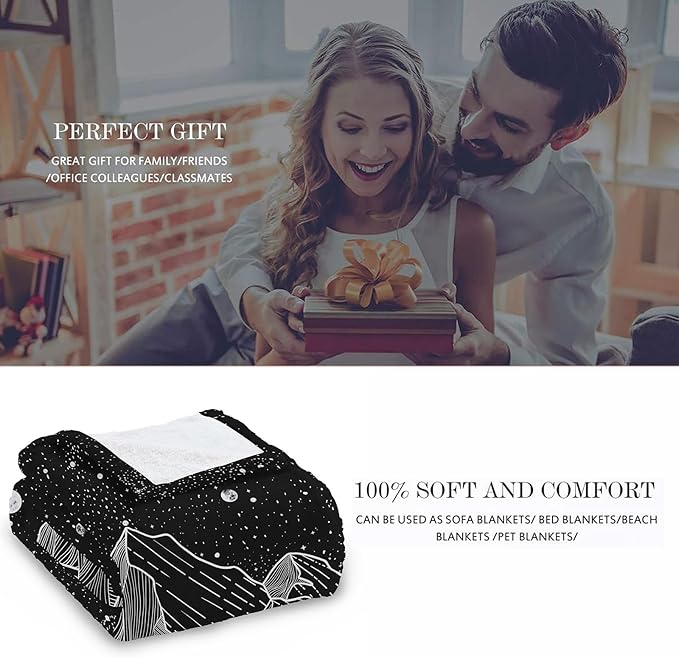 Neasow Black and White Fleece Throw Blanket, Starry Night Mountain Moon and Stars Nap Blankets Gift Sofa Bed Couch Chair or Dorm Throws 40×50 inches