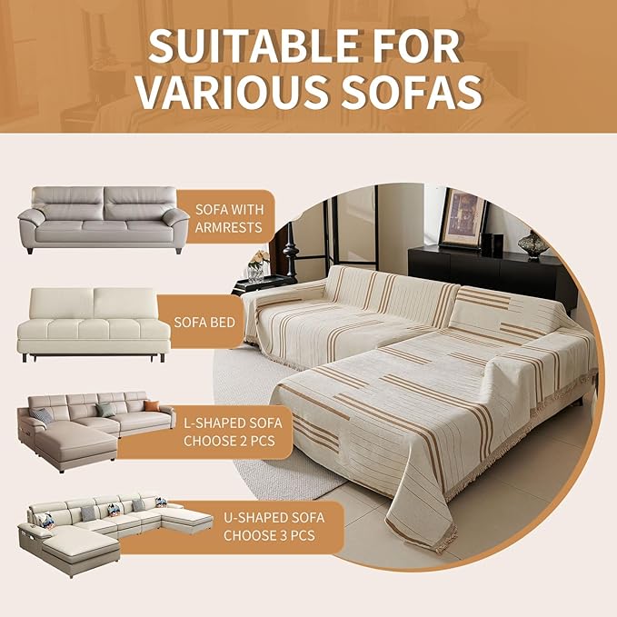 Boho Non Slip Covers Sofa Covers for 3 Cushion Chenille Dog Pet Couch Protector Washable L Shaped Sofa Cover ﻿ (Shallow Coffee, 91"*118")