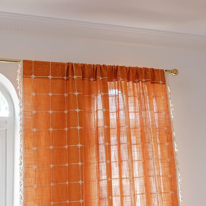 Sutuo Home Boho Curtains Plaids for Nursery, Bohemian Semi Blackout Linen Country Tassels Window Treatment Embroidery Drape for Fall Halloween Decor, Rod Pocket 1 Panel 52" W x 72" L, Burnt Orange