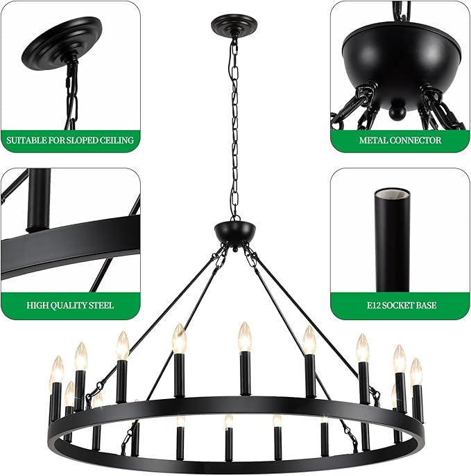 Wagon Wheel Chandeliers 40" 20-Light, Black Modern Farmhouse Chandelier with Adjustable Height, Hanging Island Light Fixture for Dining Living Ceiling Room Outdoor
