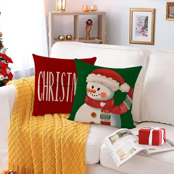 Neatee Living Christmas Pillow Covers 14x14 Set of 4 Red Green Xmas Gnome Throw Pillows Christmas Tree Elk Snowman Pillow Cases Sofa Outdoor Couch Cushion Covers for Home Decorations (14 by 14)