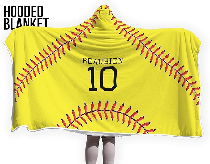 Personalized Softball Hooded Blanket Game Day Custom Hooded Fleece Blanket with Name Number Softball Wearable Blanket University Team Blanket Gift for Sports Fans Kids Adult Graduation