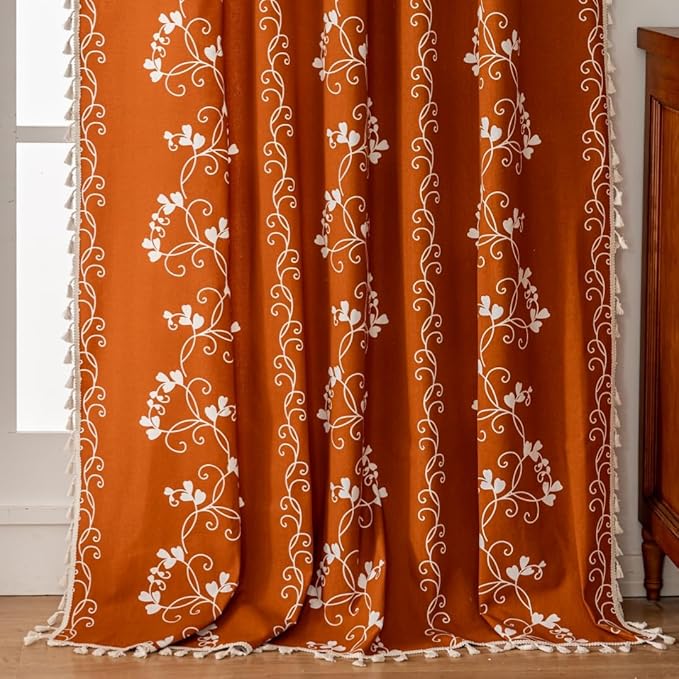 Boho Terracotta Curtains Farmhouse Curtains for Bedroom, Cotton Linen Blend Toile Curtain Printed Floral Burnt Orange Rustic Curtain Drapes 2 Panel 55" W x 96" L