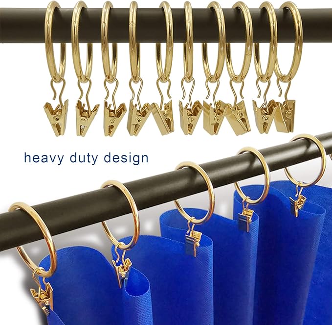 60 Pack Metal Curtain Rings with Clips, Curtain Clip Rings Hooks for Hanging Drapery Drapes Bows, Curtain Rod Rings 1.5 inch Interior Diameter, Gold