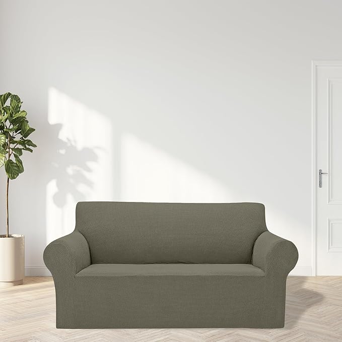 Cupuamon 2025 New Stretch Loveseat Sofa Slipcovers Couch Cover for 2 Cushion Furniture Protector Sofa Covers with Elastic Bottom Jacquard Fabric Small Checks for Pets, Kids - Khaki