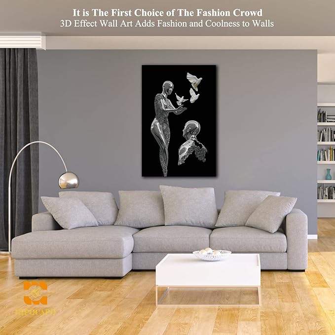 HIPOCAPO 3D Metal Effect Wall Art - Canvas Art, Decor for Living Room, Framed Romantic Couple Put Pigeons pictures bedroom 24”x36”x1Pcs 3d Art-24