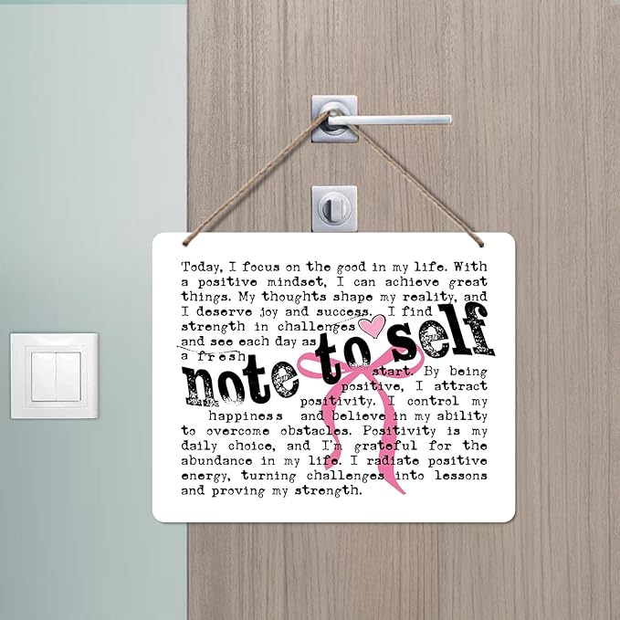 Udinaz Mental Health Inspirational Hanging Sign, Positive Affirmations Wall Decor, Note to Self Coquette Pink Bow Hanging Wood Plaque Decor for Therapy Office Girly Bedroom Wall Door Decorations